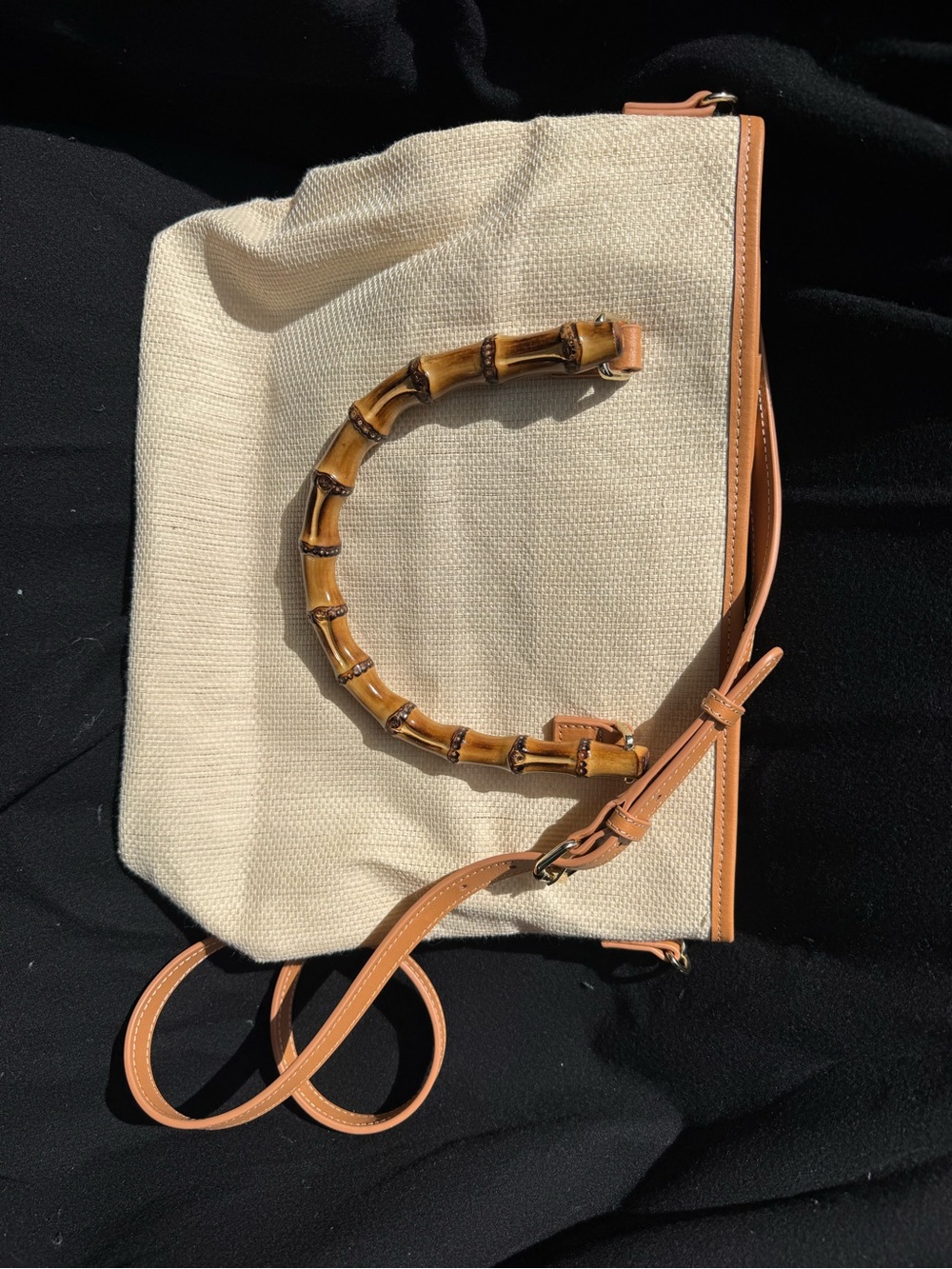 Talbots Cream Canvas Tote with Bamboo Handle and Tan Trim